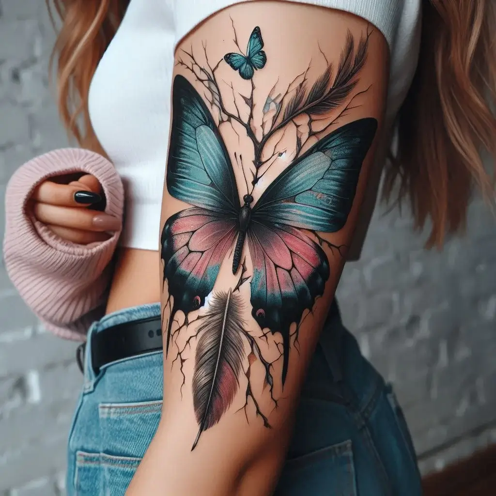 Butterfly and Feather Tattoo