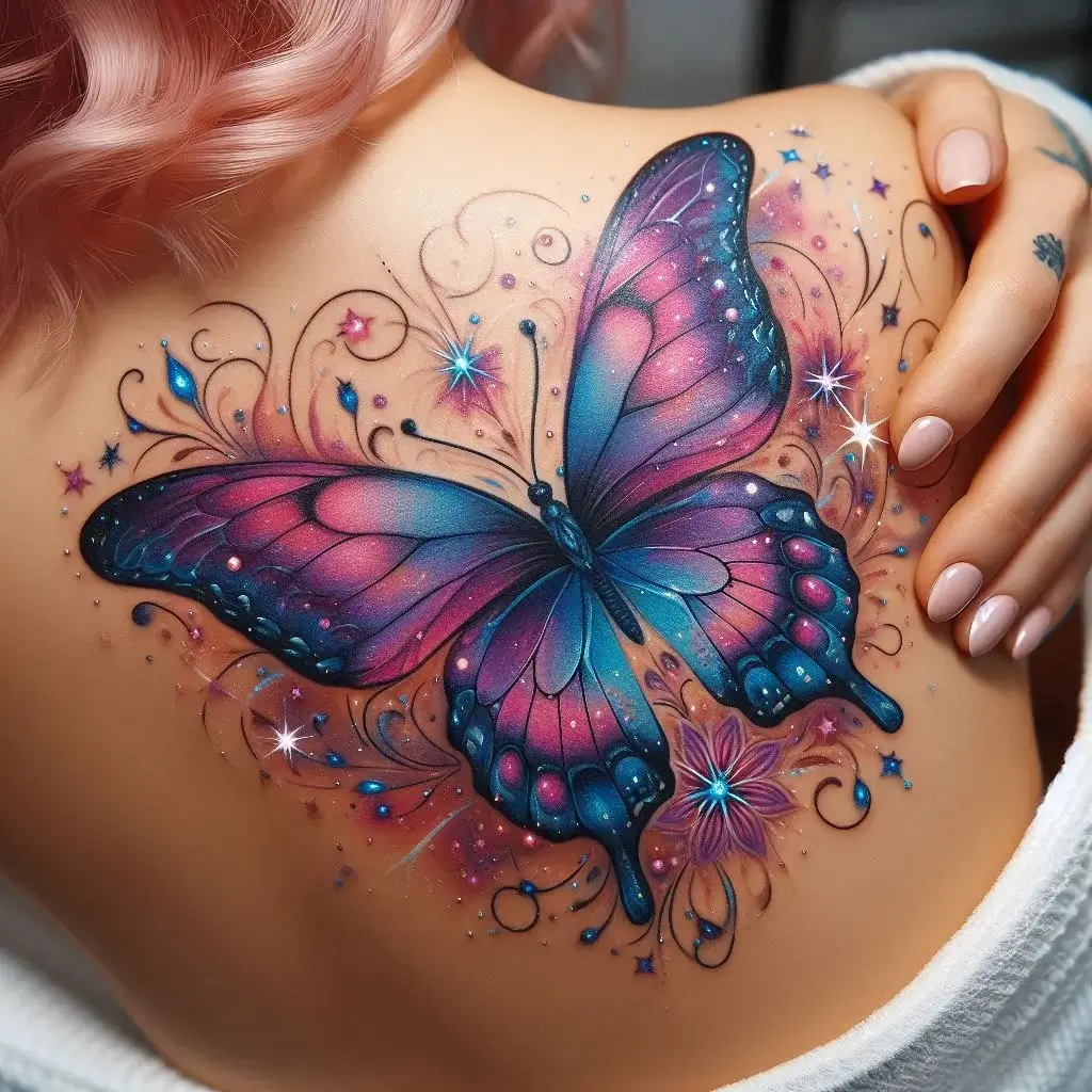 Butterfly tattoo on female back