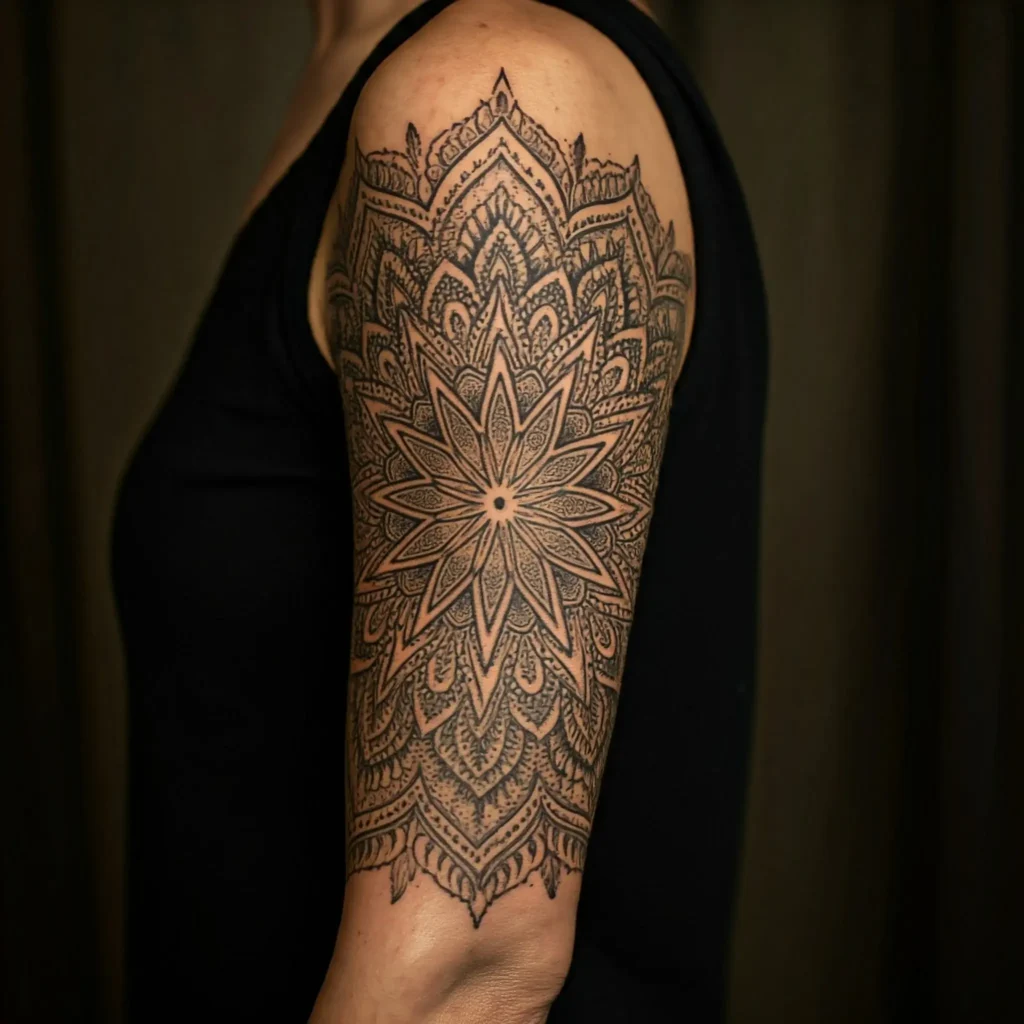 Mandala Patterns female classy half sleeve tattoo