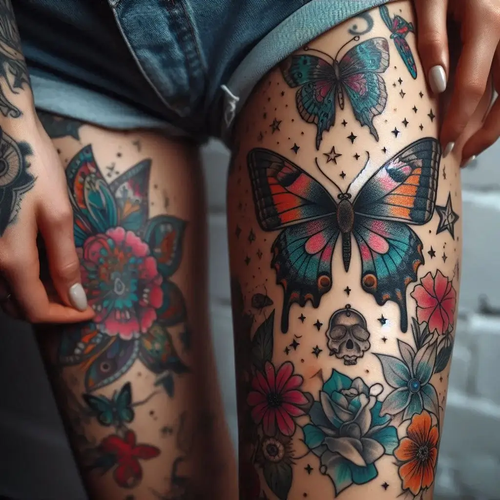 Small Skull Butterfly Tattoo on leg