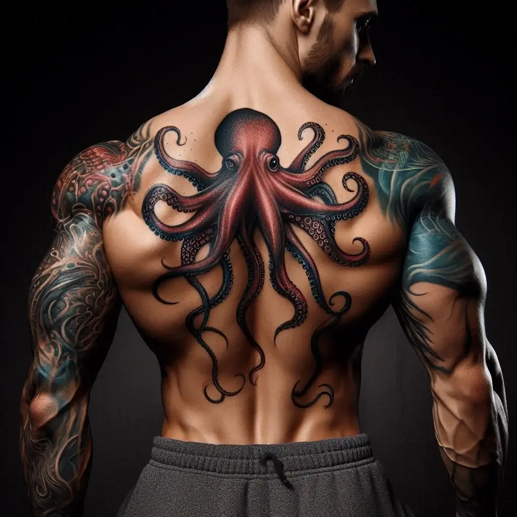 small octopus tattoo on men Back