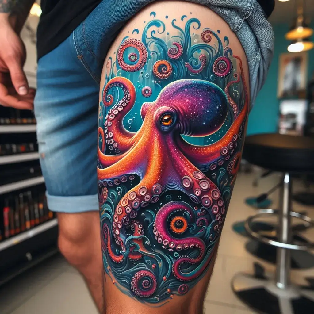 small octopus tattoo on men Leg