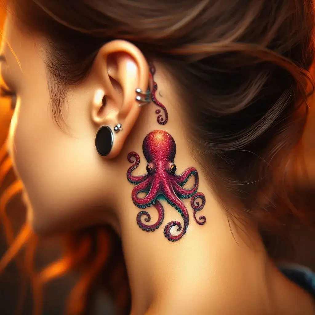 small octopus tattoo on women behind the ear