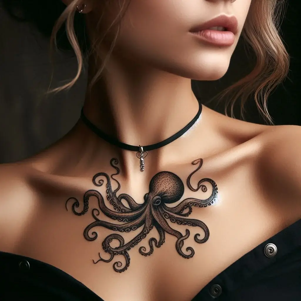 small octopus tattoo on women collarbone