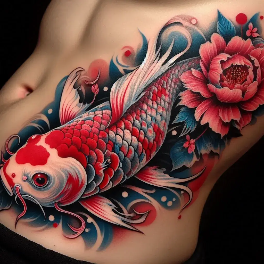 July Birth Flower Koi Fish Tattoo