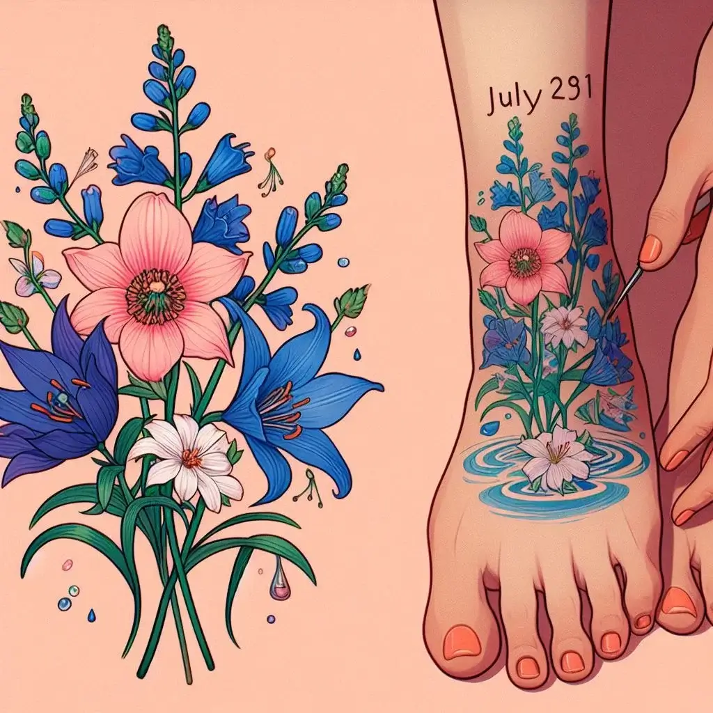 July Birth Flower Tattoo Larkspur and Water Lily