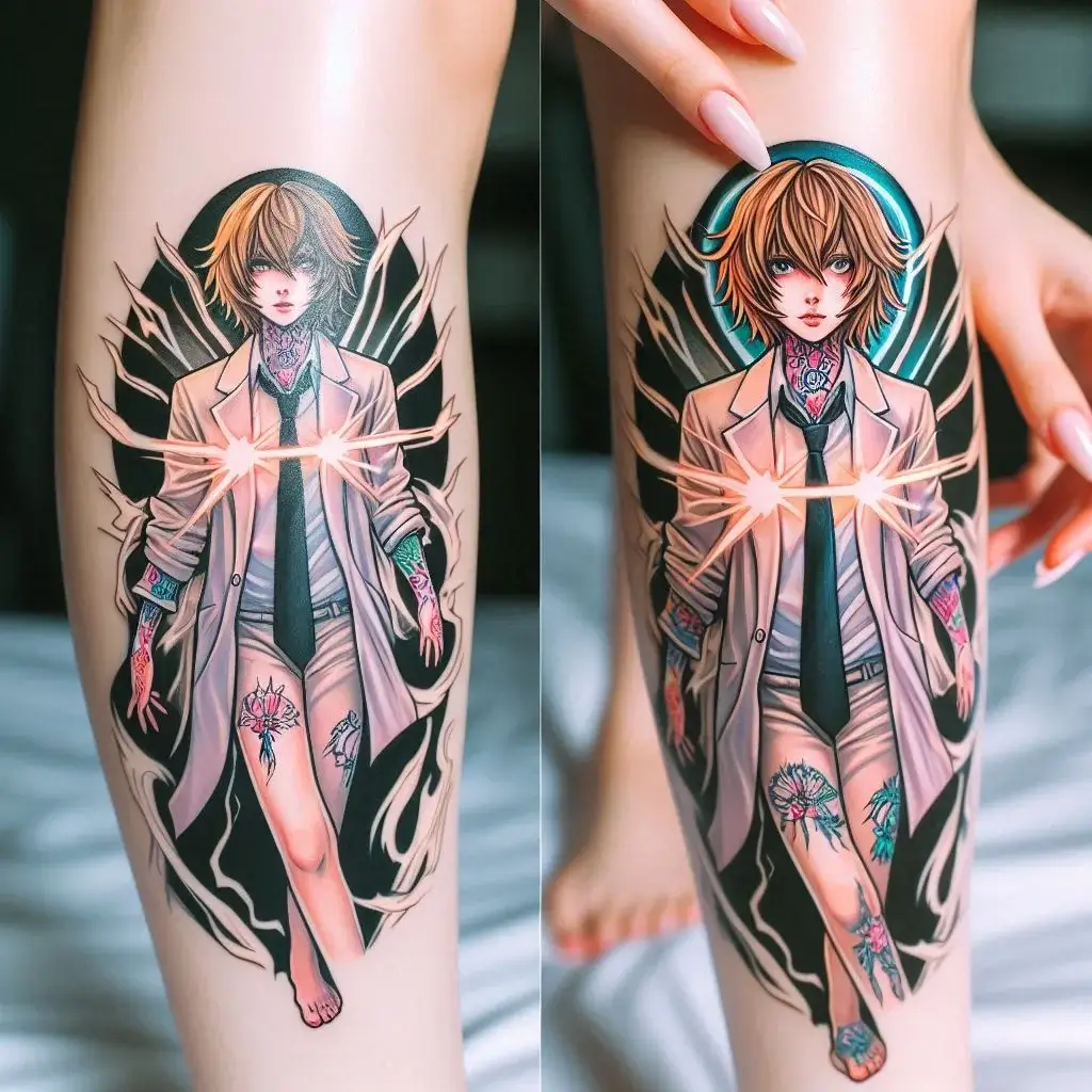 Light Yagami small leg sleeve tattoo