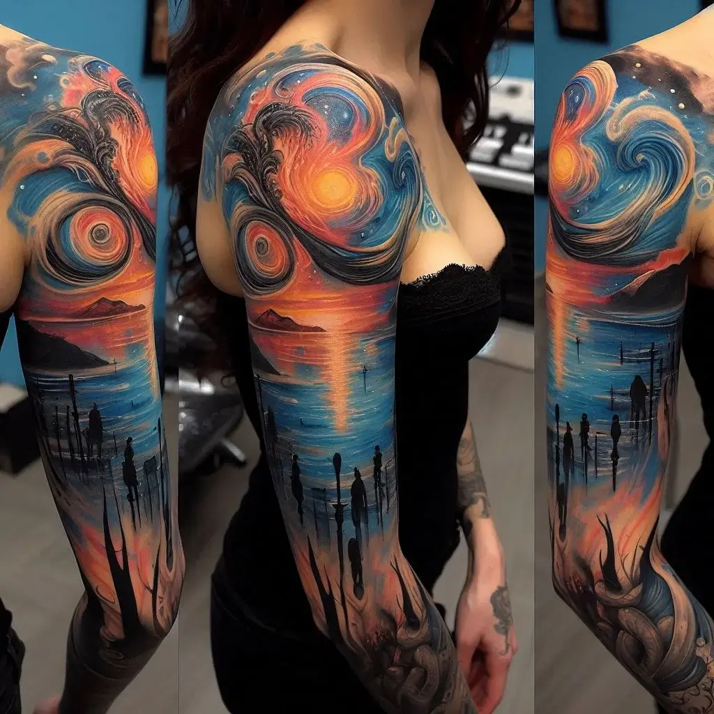 Artistic Blends Tattoo On Women Sleeve