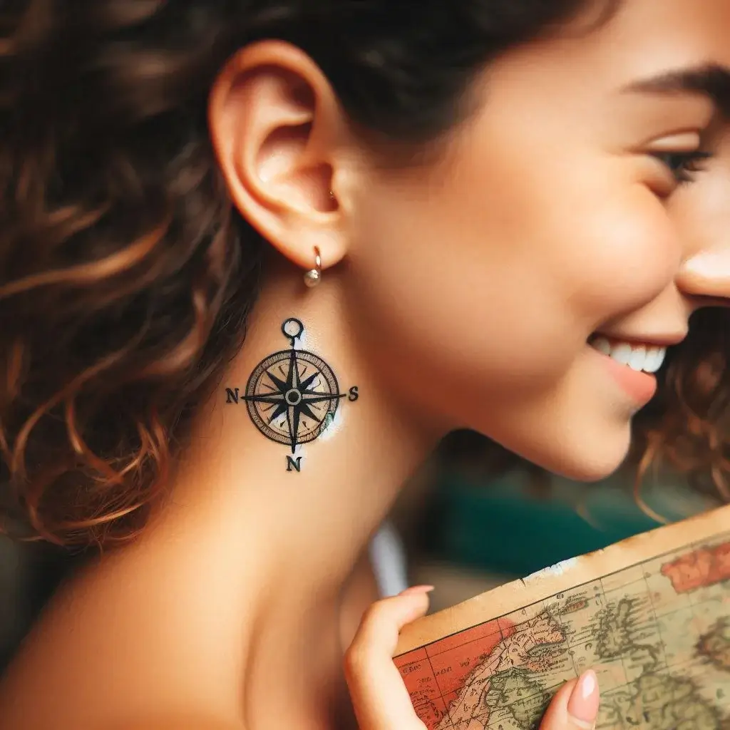 Compass with Needle tattoo behind the ear