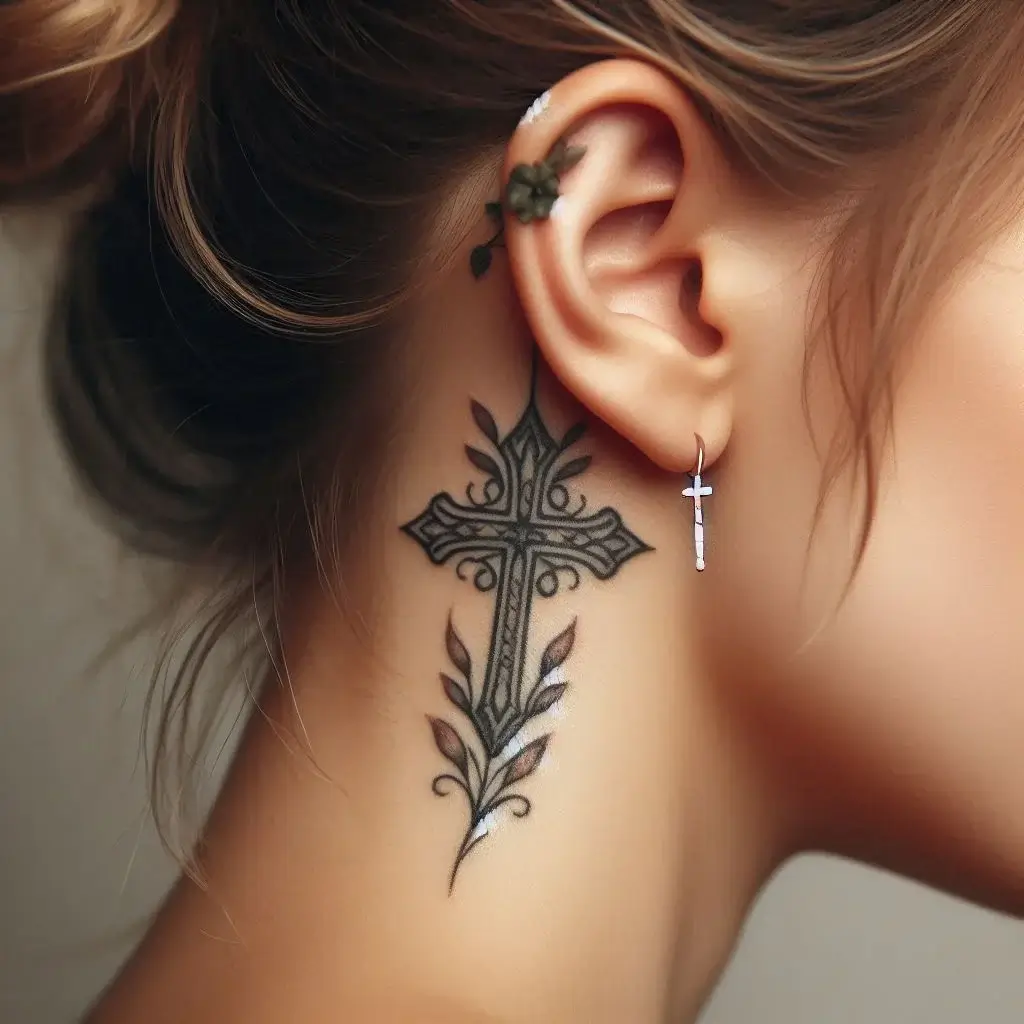 Cross Tattoo behind the ear