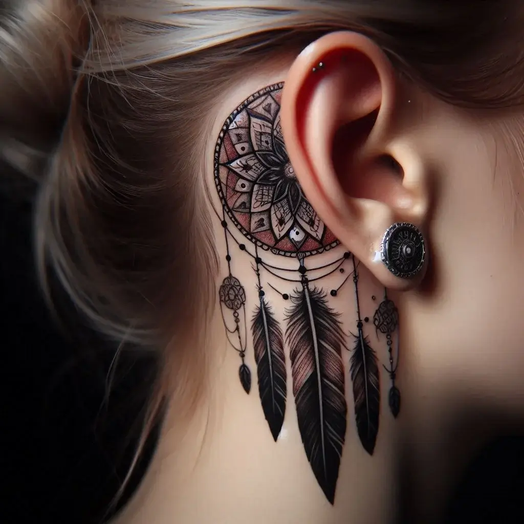 Dream Catcher tattoo behind the ear