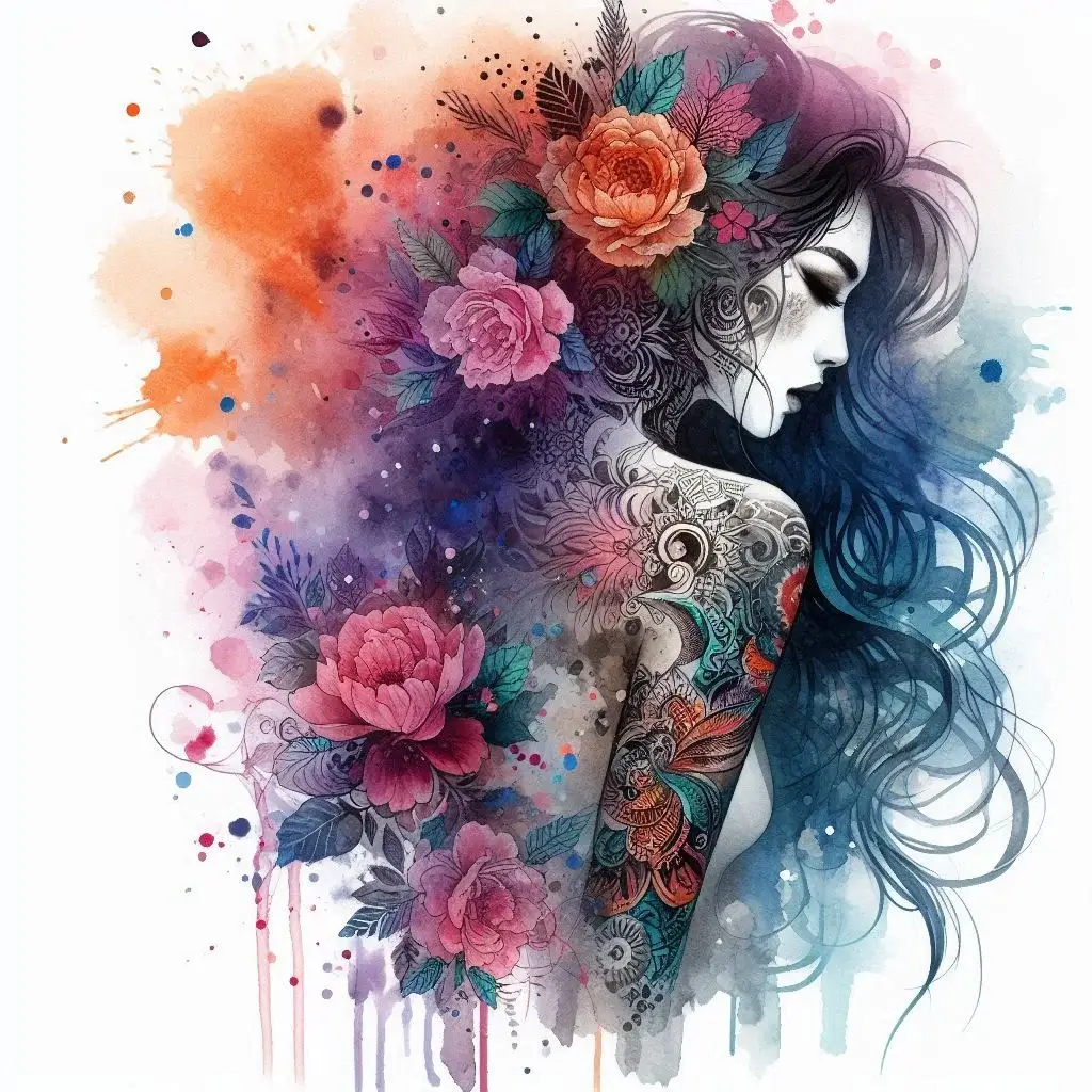 Enchanting Watercolor Effects Quarter Sleeve Tattoo female