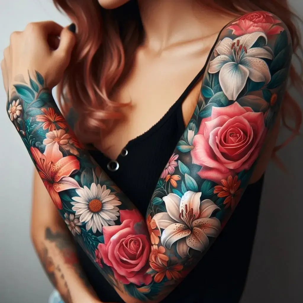 Floral Tattoo On Women sleeve