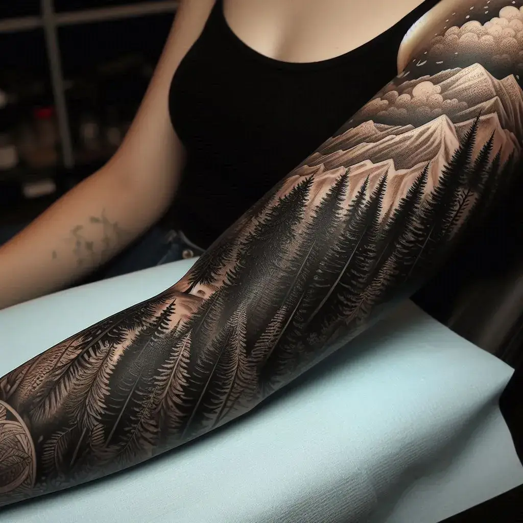 Forests and Trees Tattoo On Women Sleeve