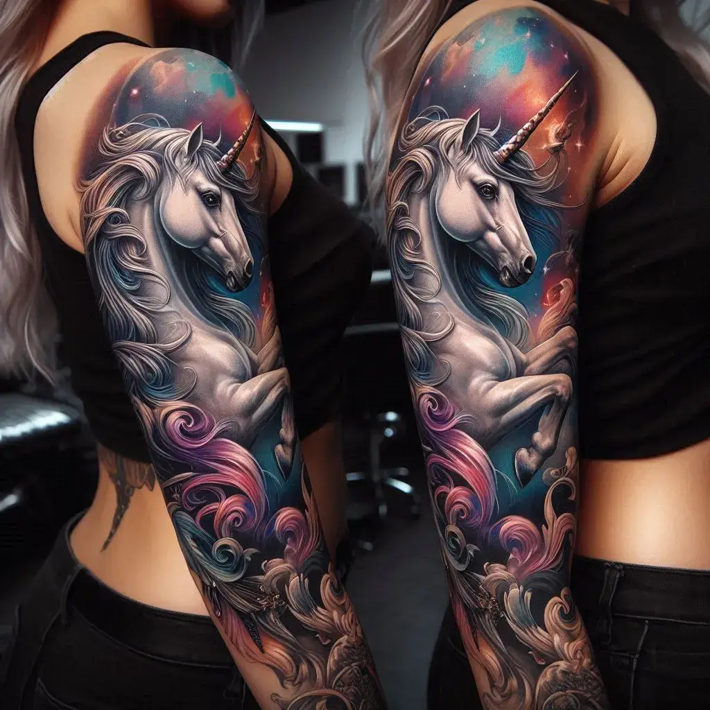 Majestic Unicorns Tattoo On Women Sleeve