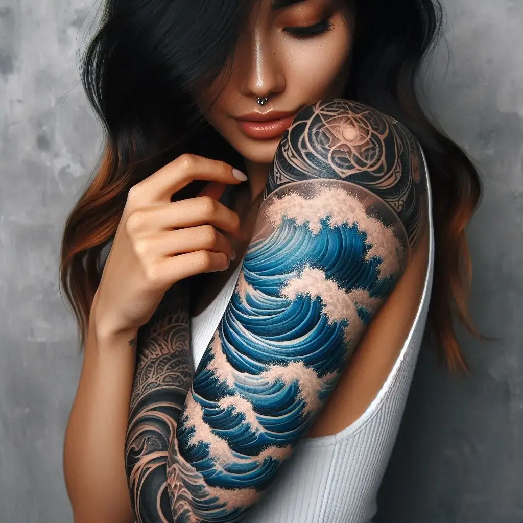 Ocean Waves Tattoo On Women Sleeve