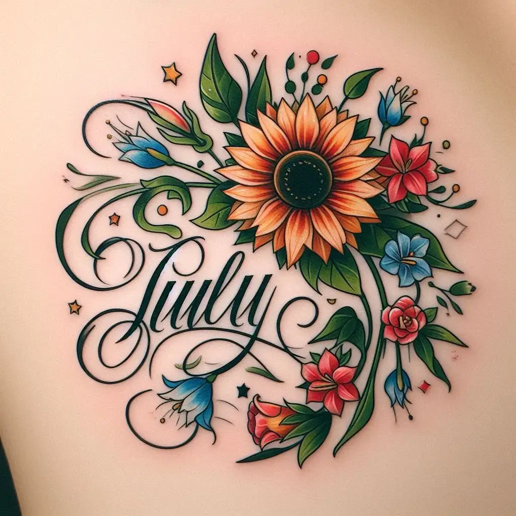 Script July Birth Flower Tattoo