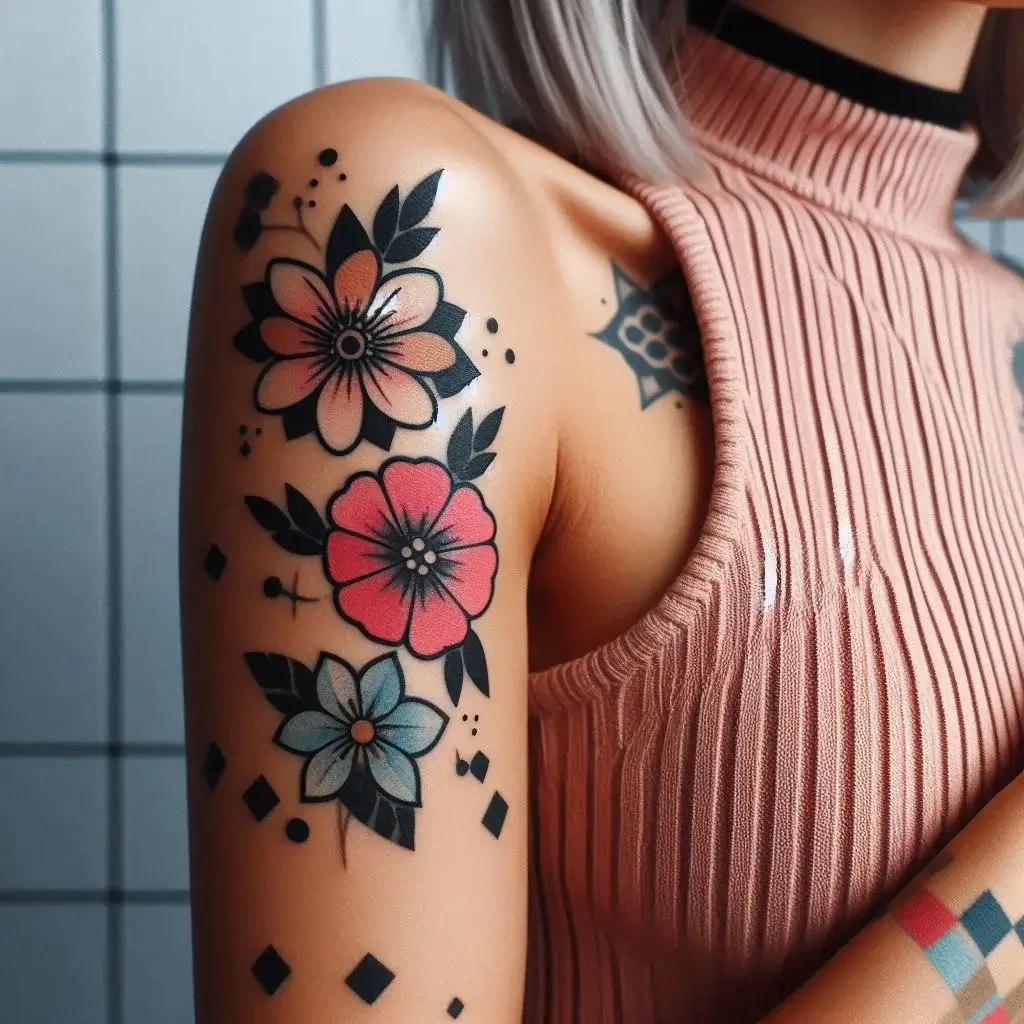 Small Colorblocked Flower Tattoo on women arm