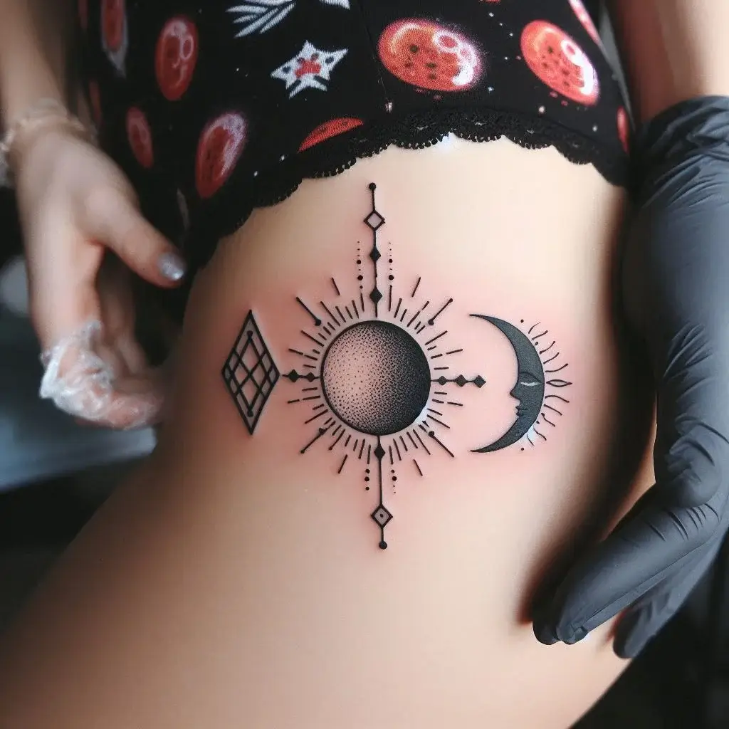 Small Geometric Sun And Moon tattoo for femaels