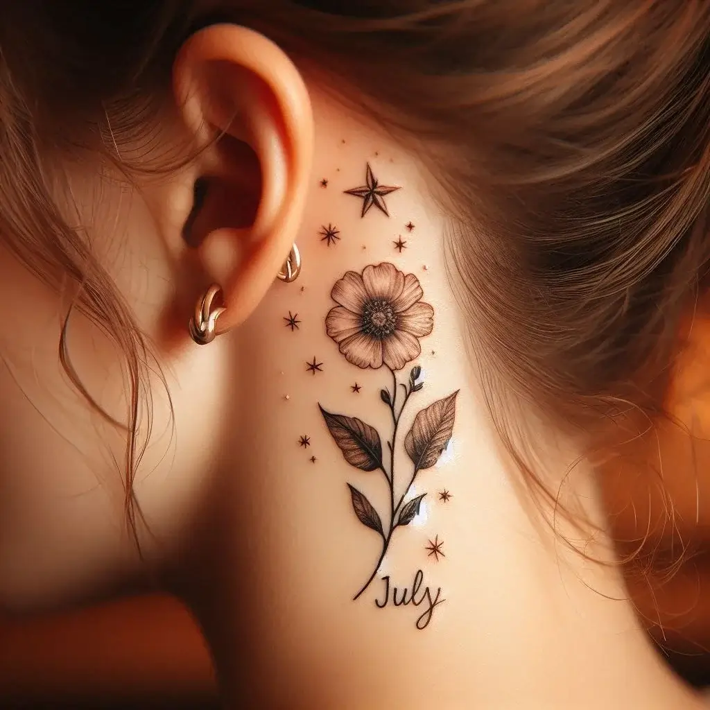 Small July Birth Flower Behind the Ear Tattoo