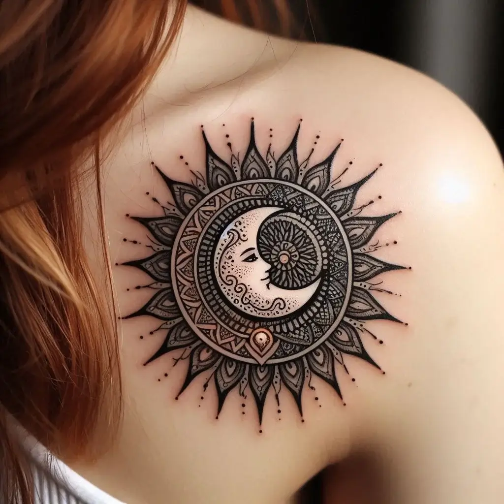 Small Sun And Moon Mandala tattoo for femaels