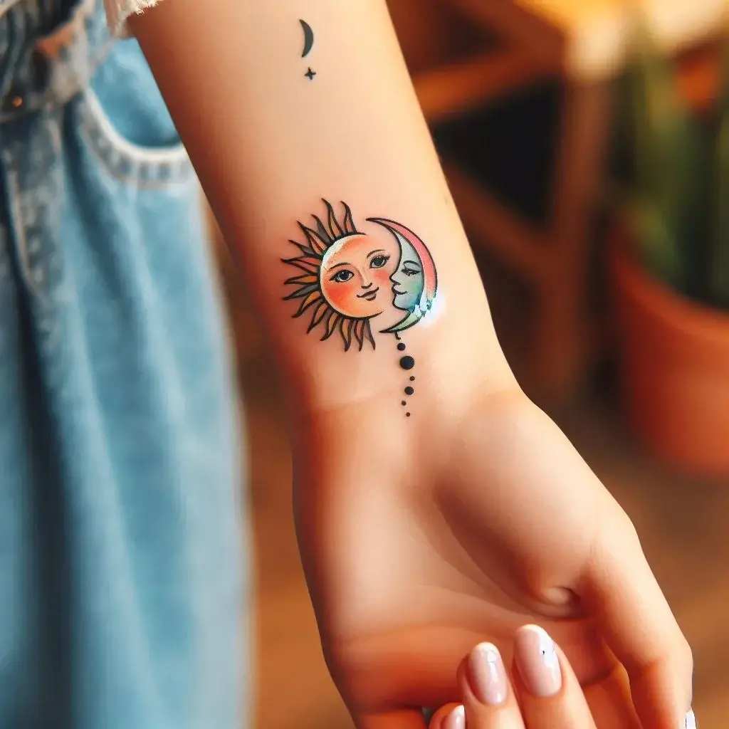 Small Sun and Moon With Faces tattoo for femaels