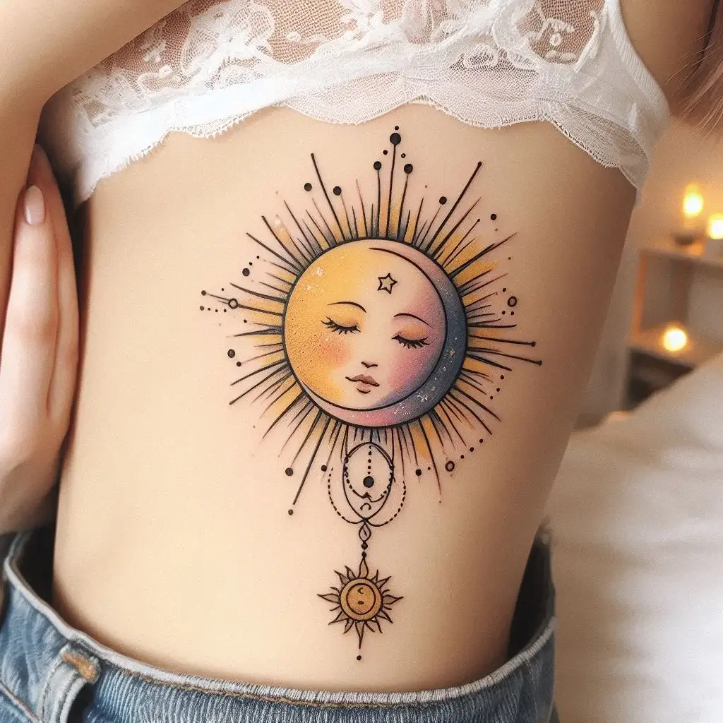 Small Watercolor Sun And Moon tattoo for femaels