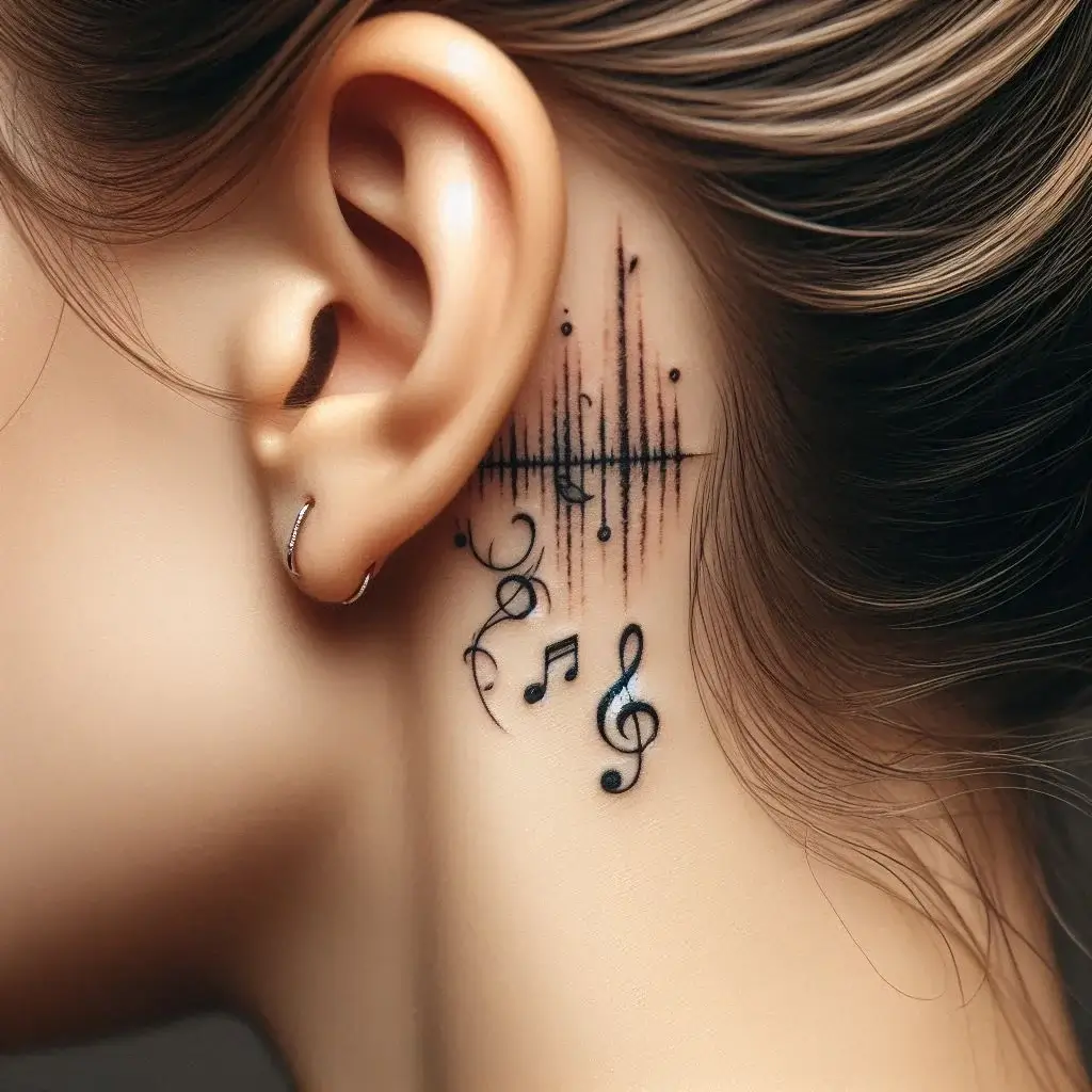 Sound Waves tattoo behind the ear