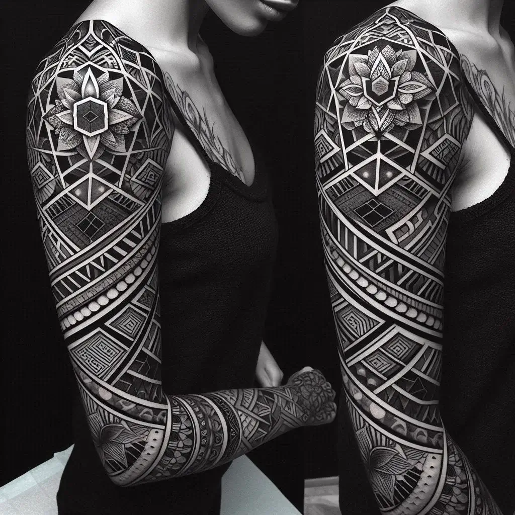 Striking Geometric Patterns For Quarter Sleeve Tattoo female