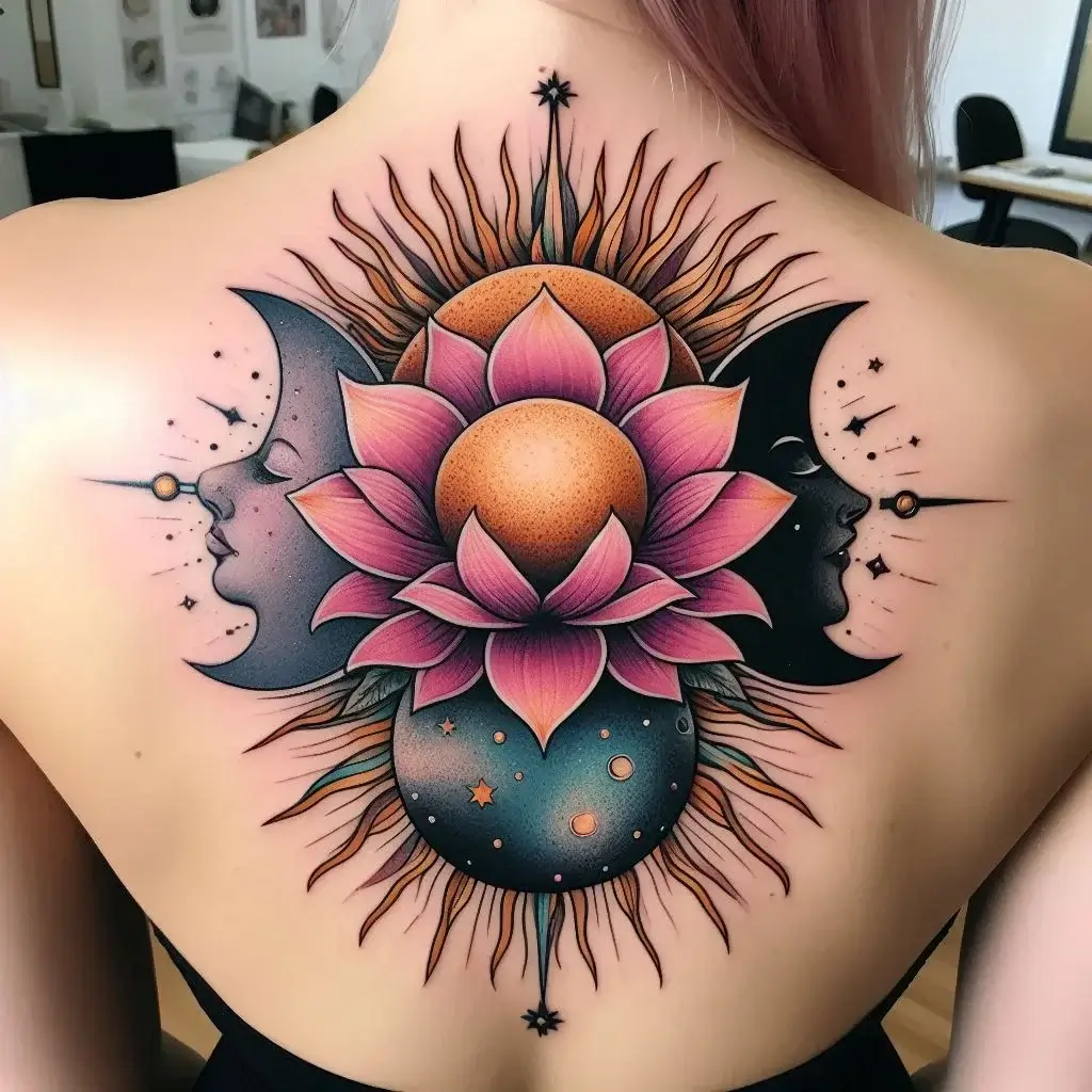 Sun Moon and Lotus Combine Tattoos For Females