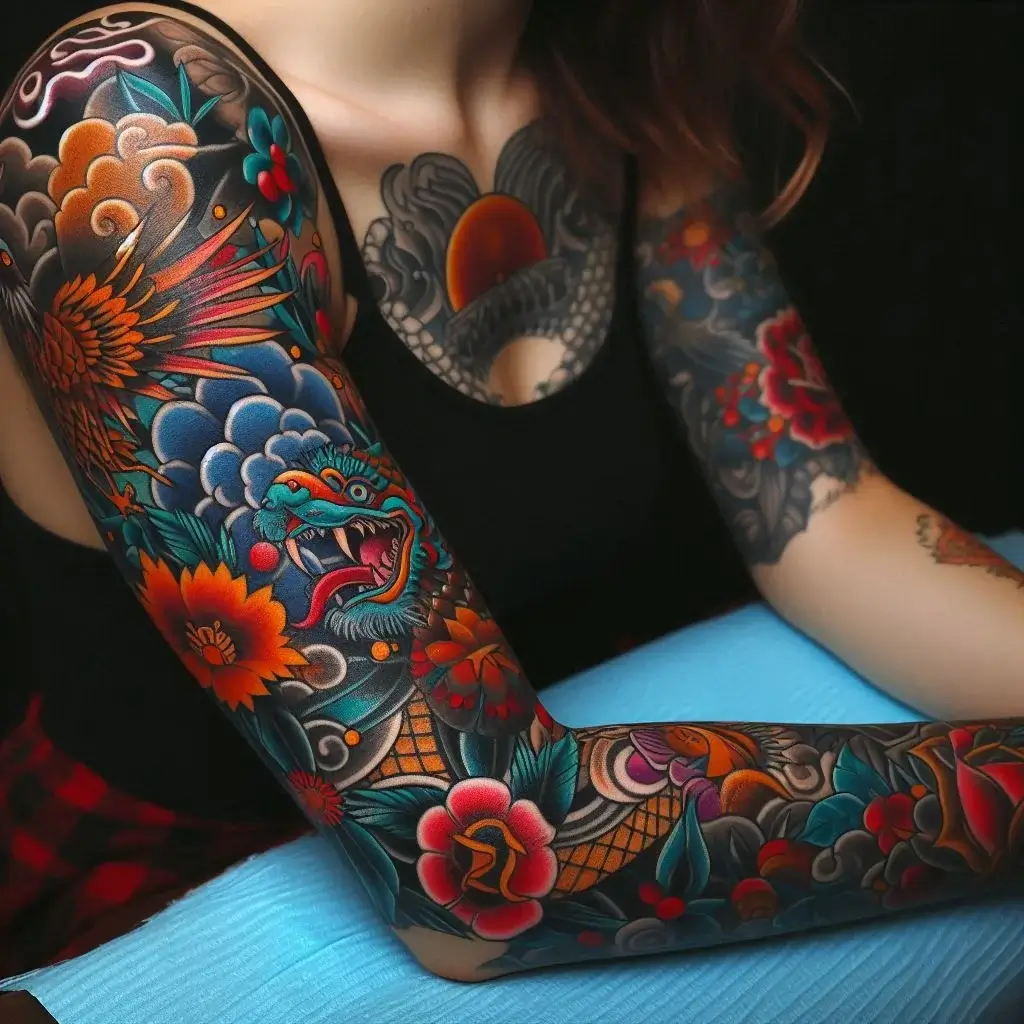 Vibrant Traditional Style Quarter Sleeve Tattoo female