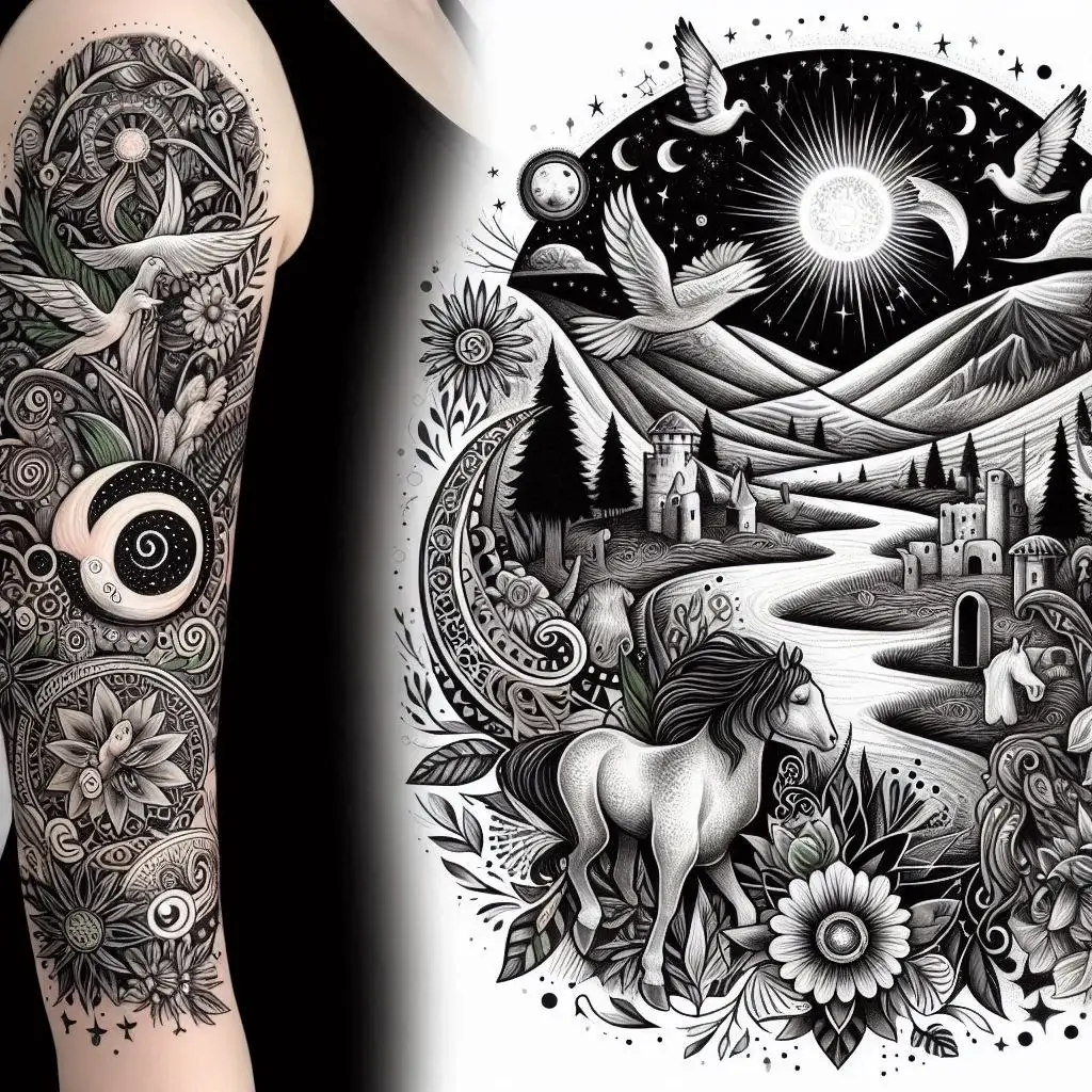 Whimsical Nature Scenes Quarter Sleeve Tattoo female