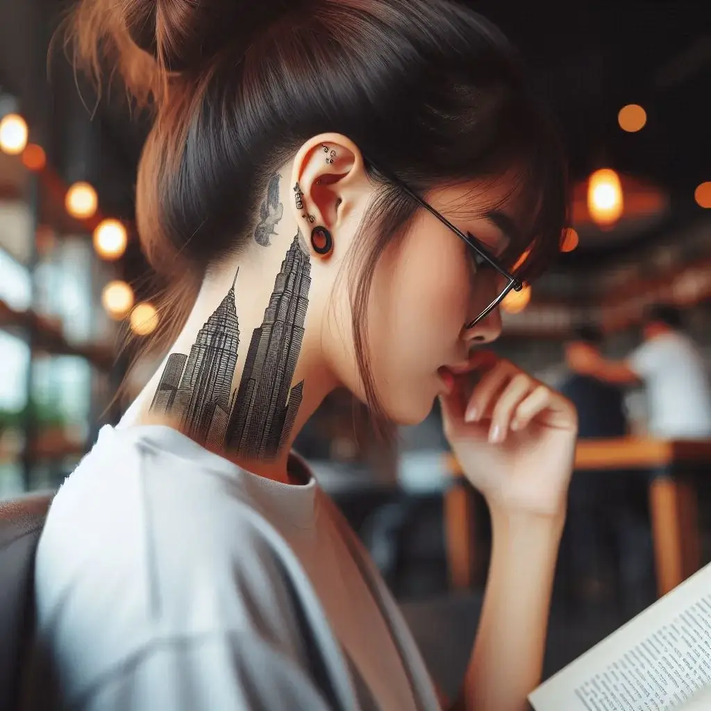 skyscrapers tattoo behind the ear