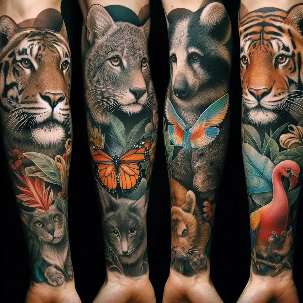 Animal Portraits on Half Sleeve Tattoo Lower Arm