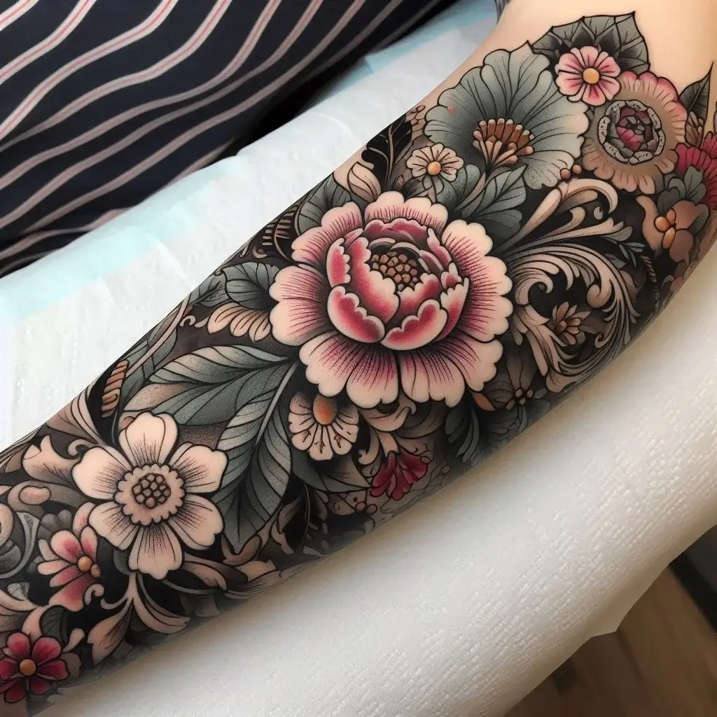 Floral Patterns on Half Sleeve Tattoo Lower Arm 1