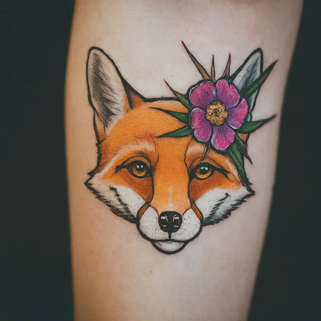 Small Fox Tattoo With Flowers