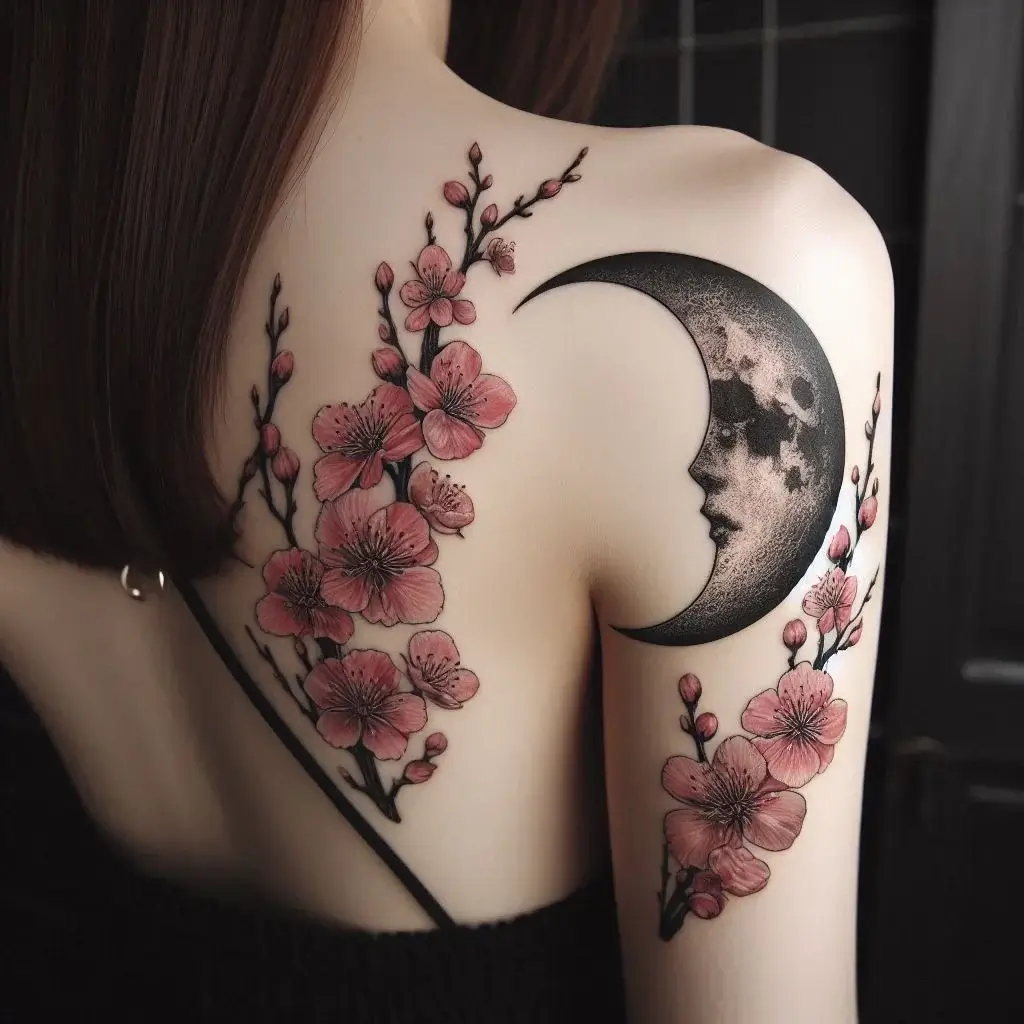 Moon and Cherry Blossom Tattoo on women