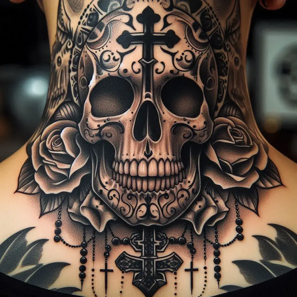 Skulls and Crosses Neck Tattoo