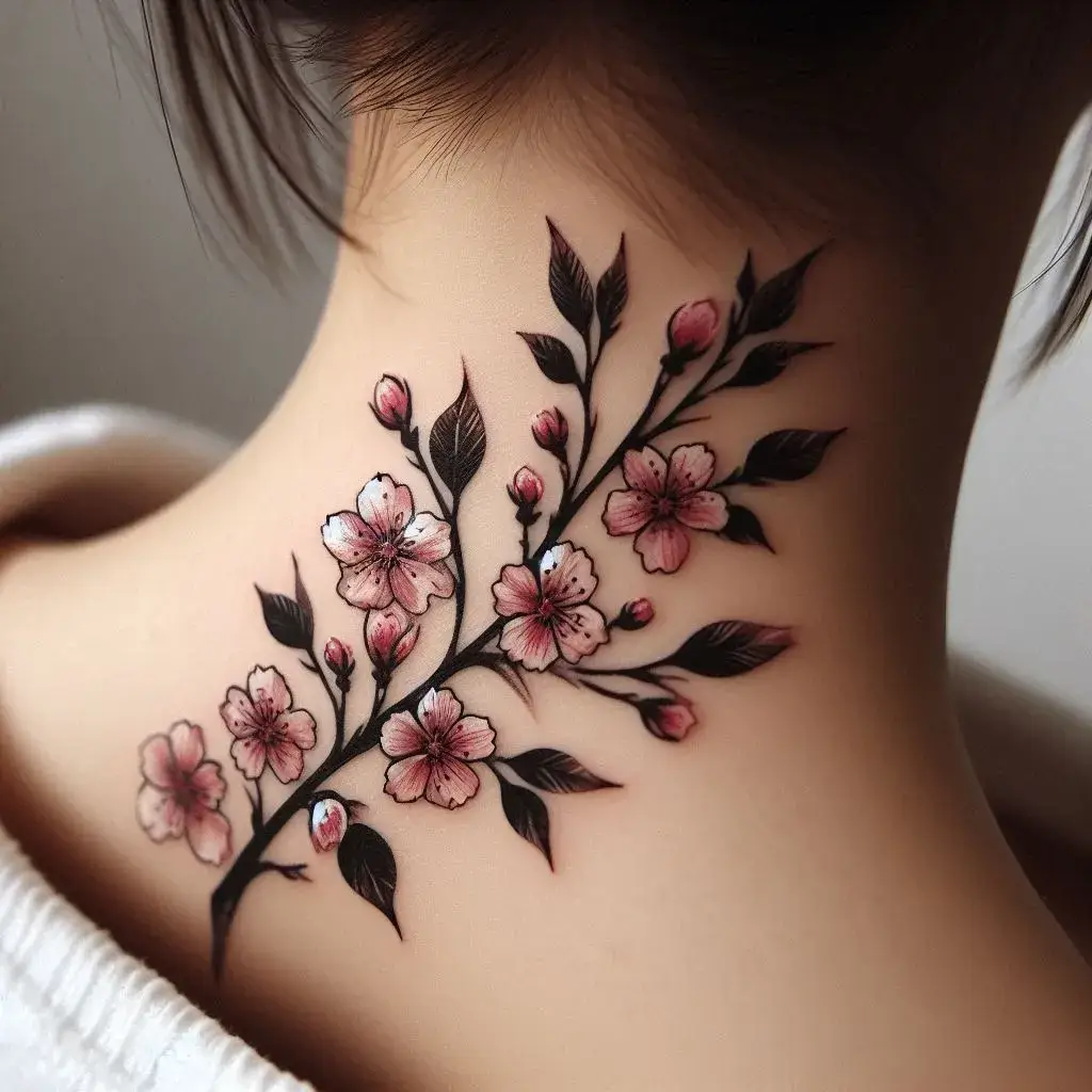 Small cherry blossoms Designs on Back Neck Tattoo