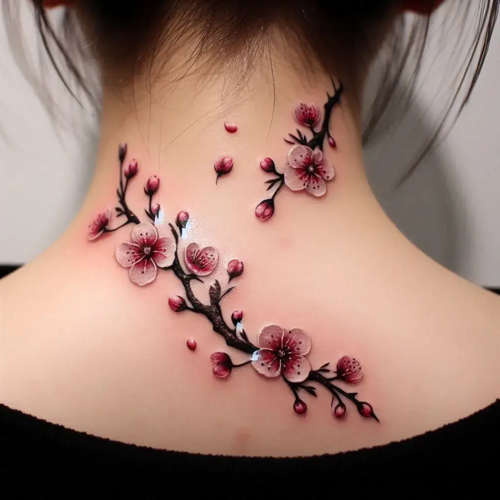 Small cherry blossoms on Back Neck Tattoo