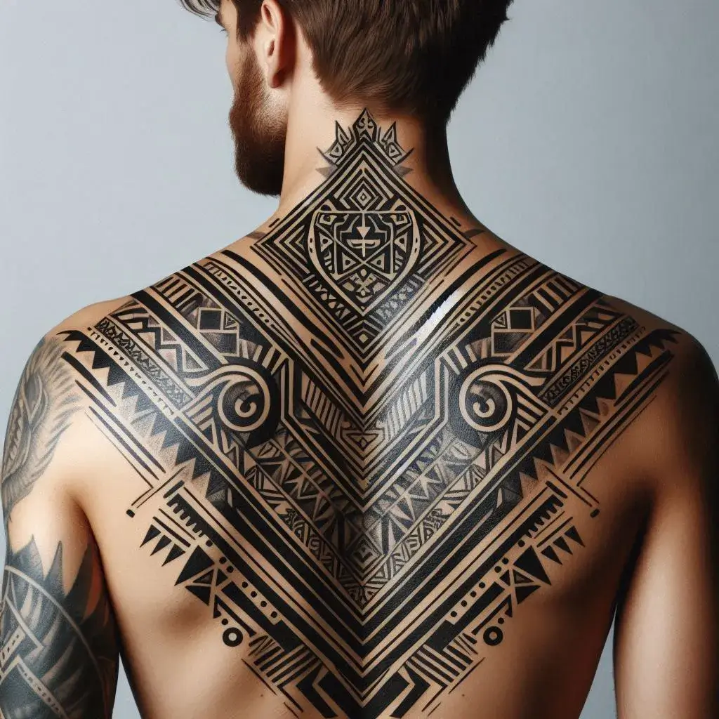 Tribal and Geometric Patterns back Neck Tattoo Designs on Men