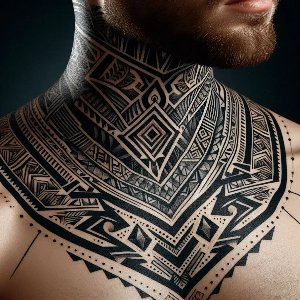 Tribal and Geometric Patterns back Neck Tattoo