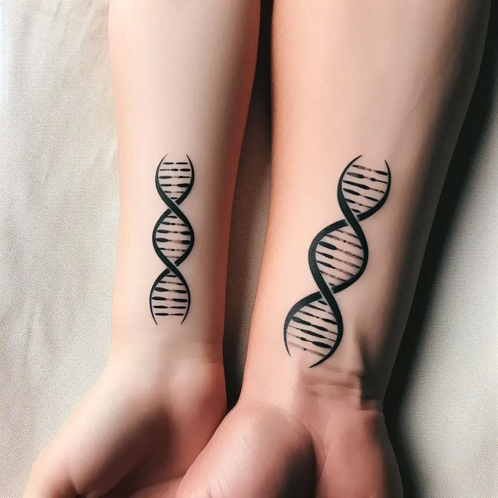 Matching DNA Strand Tattoos on arm for Father And Son