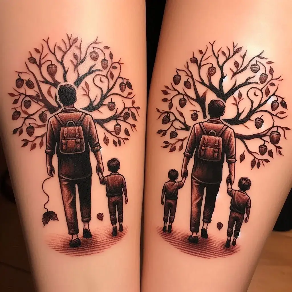 Matching Father And Son Tree and Acorn Tattoo