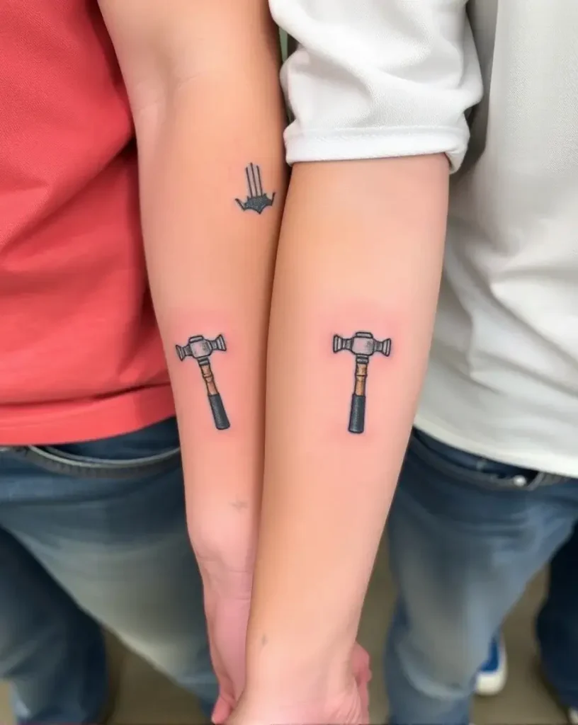 Matching Hammer and NailTattoos on arm for Father And Son