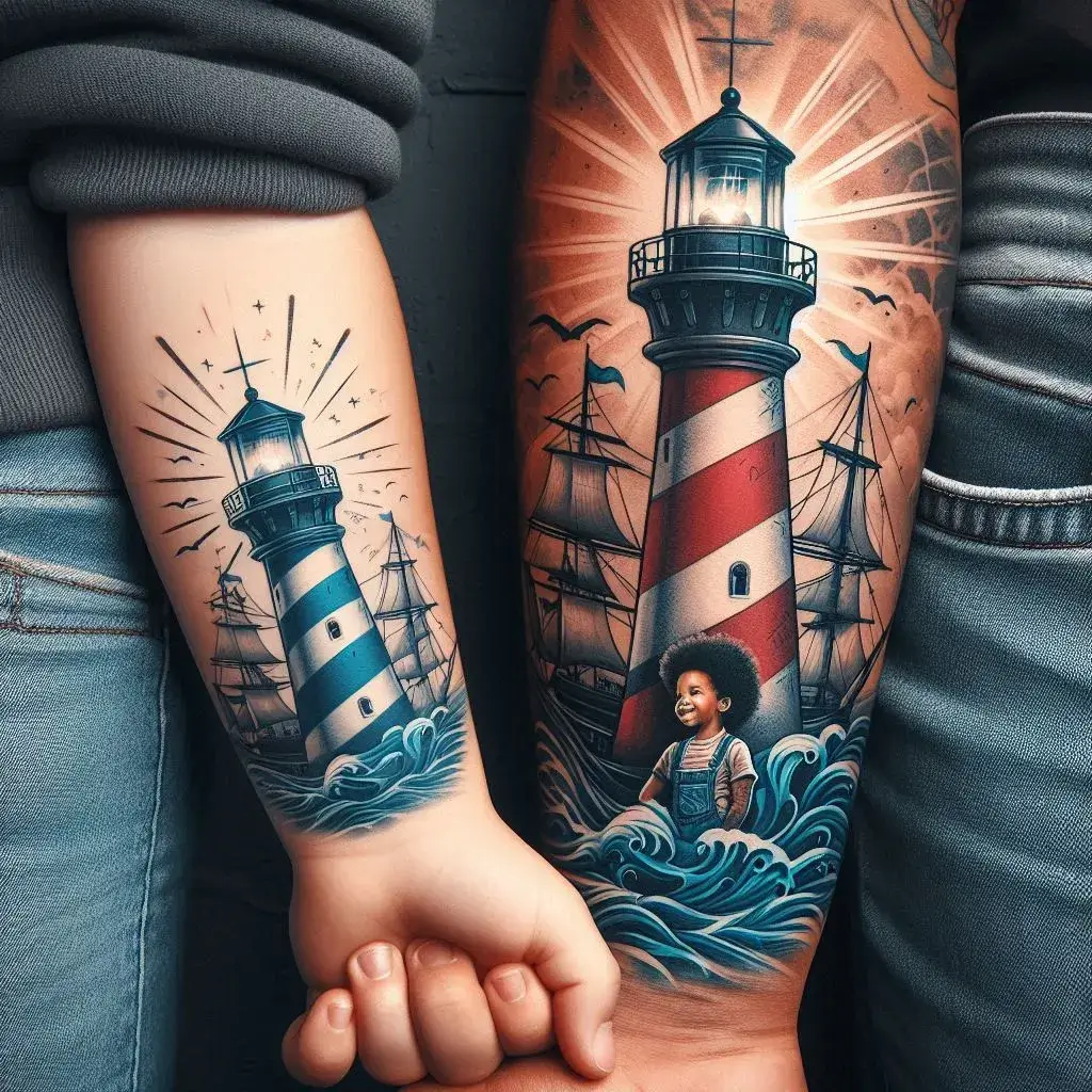 Matching Ship and Lighthouse Tattoo For Father and Son