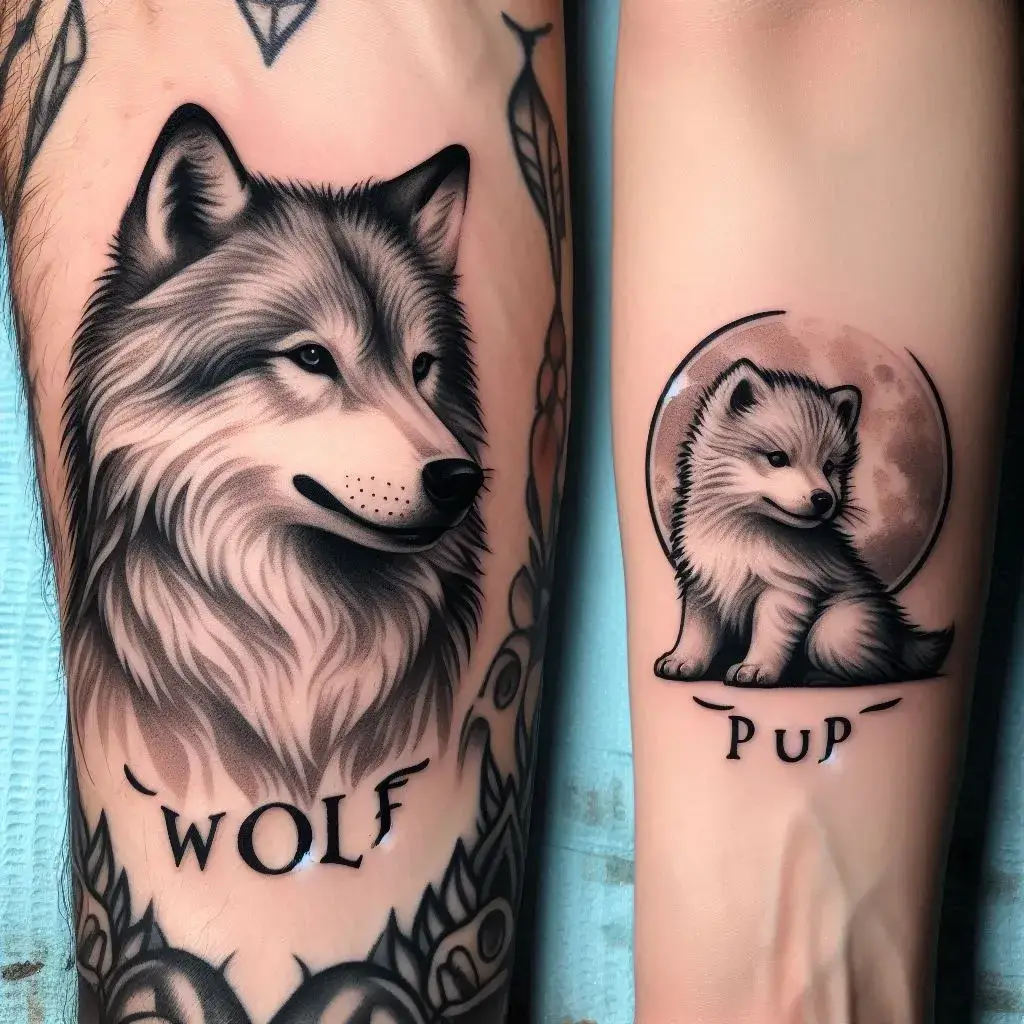 Matching Wolf and Pup Tattoos