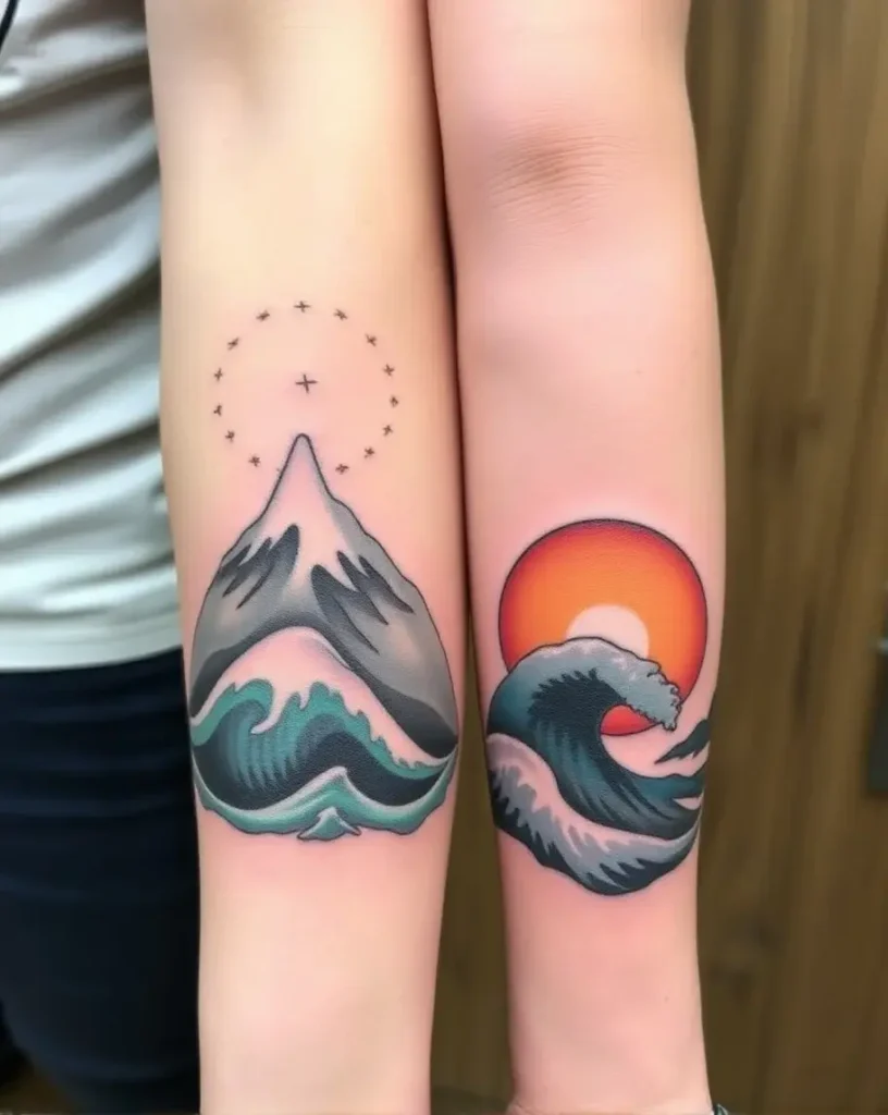 Mountain and Wave Tattoos on arm for Father And Son