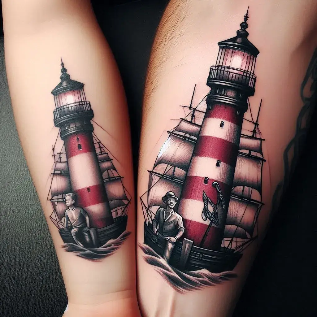 Ship and Lighthouse Tattoo For Father and Son