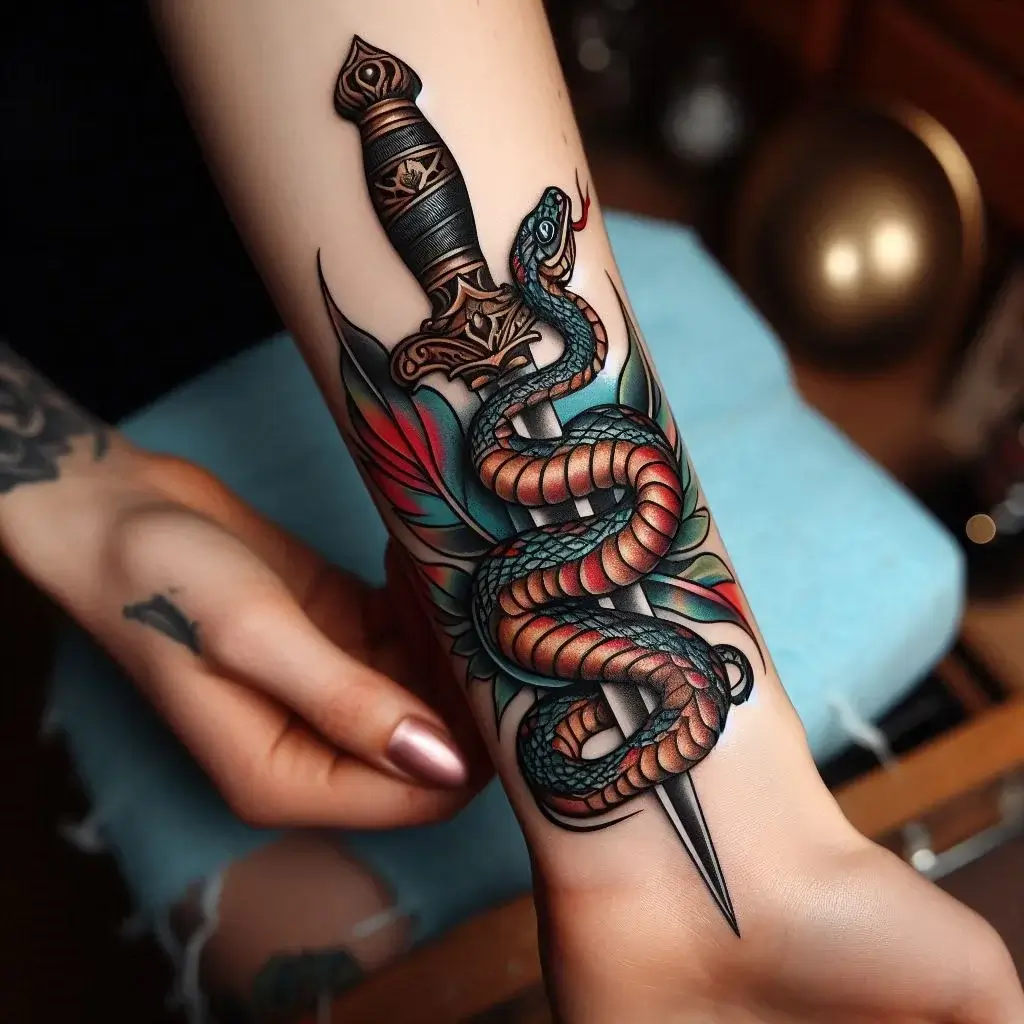 Powerful Snake and Dagger Tattoo